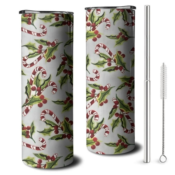 20oz White Christmas Candy Cane Pattern Skinny Tumblers Stainless Steel Tumbler with Lid and Straw,Vacuum Insulated Double Wall Travel Tumbler Cups with Cleaning Brush for Coffee,Tea