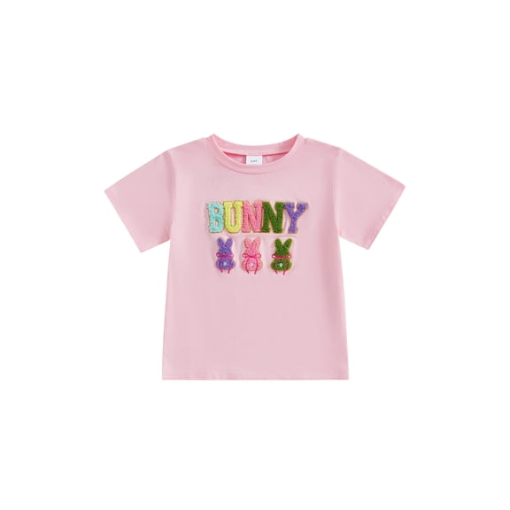 Toddler Kids Girls Easter Shirts 12 18 24 Months 2T 3T 4T 5T Fashion Short Sleeve Bunny Embroidery Tops Baby Spring T-Shirts