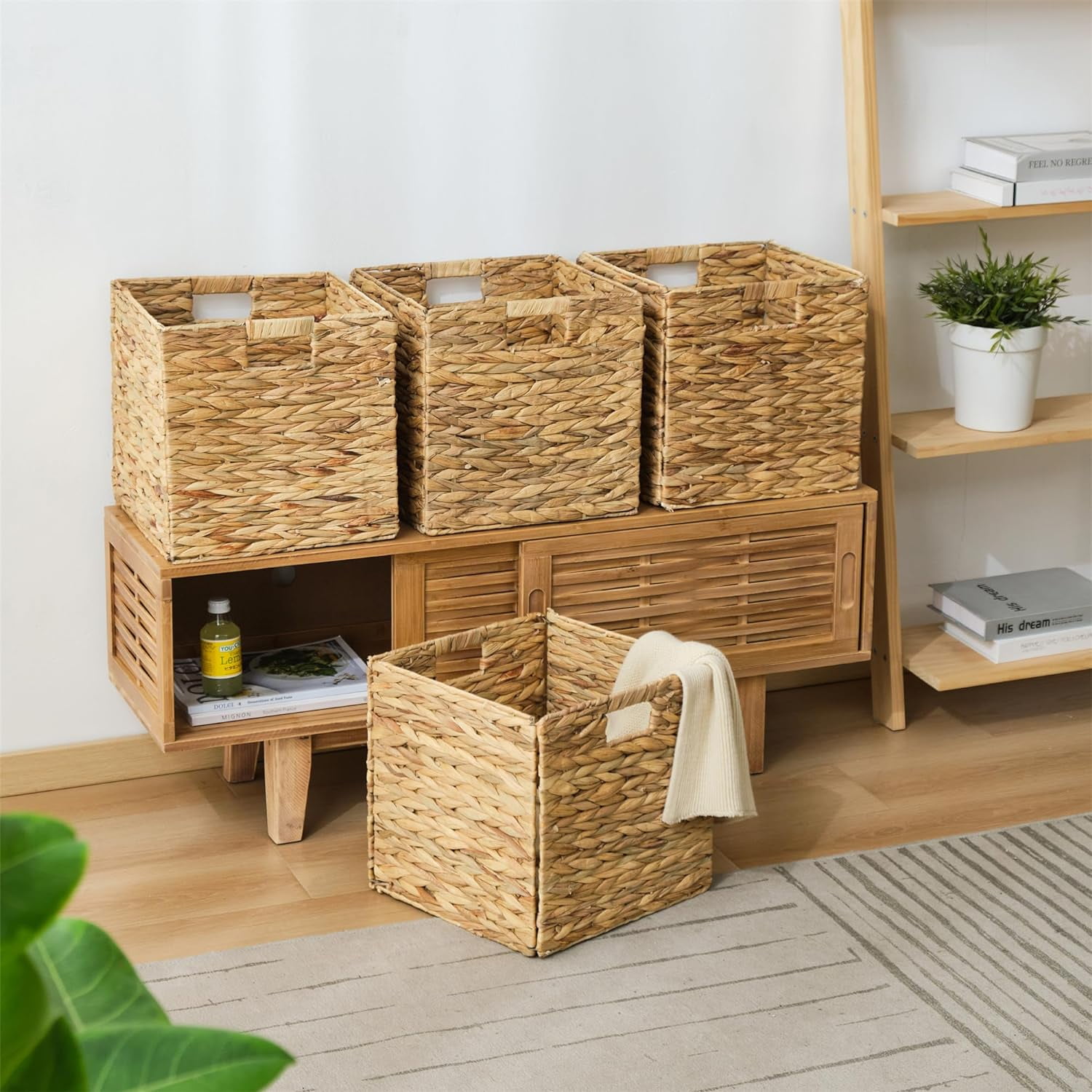 VK.Living Storage Basket Foldable Handwoven Water Hyacinth Laundry Cube Organizer Baskets Set of 2,12x12