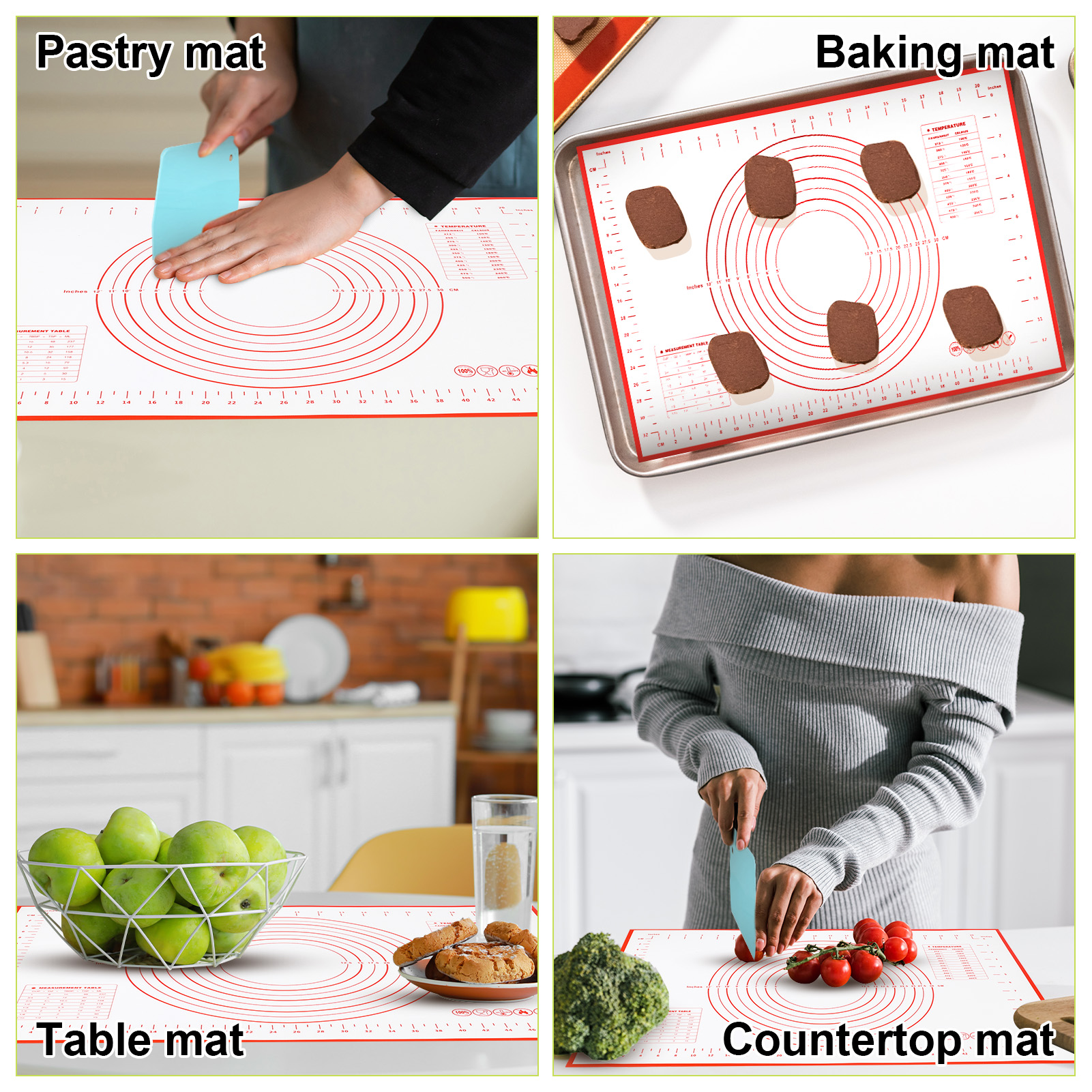 Topekada 17in Adjustable Rolling Pin with Pastry Mat Set, Non-Stick Stainless Steel Roller with Removable Thickness Rings and Baking Mat, Pastry Brush and Bench Scraper for Cooking Pizza Pie Cookies