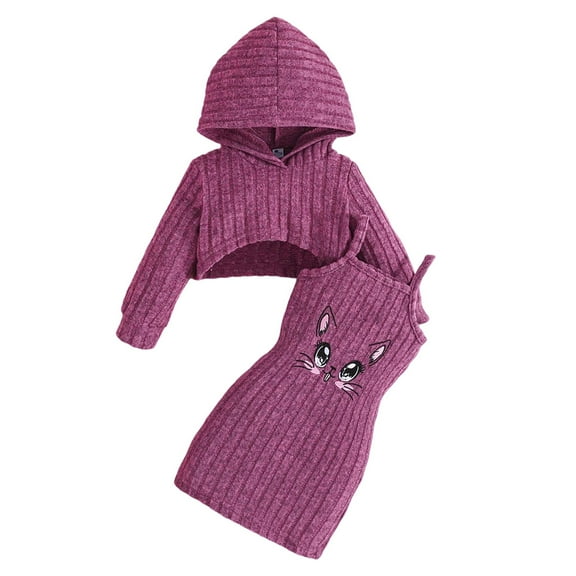 Ulitacool Girls Fall Outfits Long Sleeve Cat Themed Knit Hooded Top And Dress Outfit Cozy Winter Fall Wardrobe Adorable Simple Girls Clothes Purple 9-12 Months