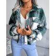 thumbnail image 2 of SEARIPE Women's Casual Plaid Fleece Crop Shirt Jacket Shacket Long Sleeve Button Lapel Jacket Coat with Pockets Green XS, 2 of 5