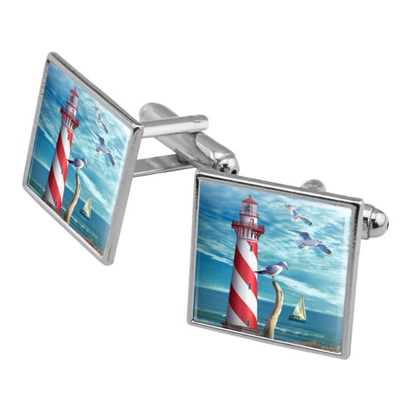 Lighthouse Seashore Ocean Beach Seagulls Sailboat Square Cufflink Set - Silver or Gold