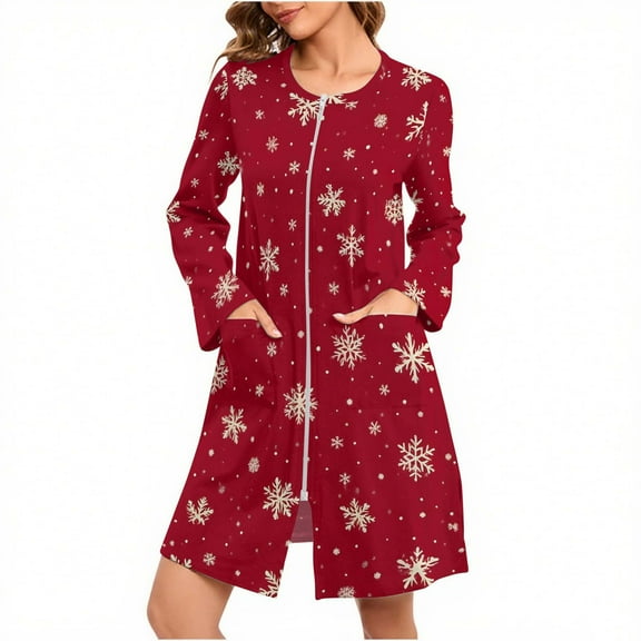 Women’s Christmas Nightgown with Pockets Plaid Snowflake Print Long Sleeve Zip Up Robe Loungewear Loose Fit Split Side Sleep Dress Soft Holiday Pajama Dress for Cozy Evenings