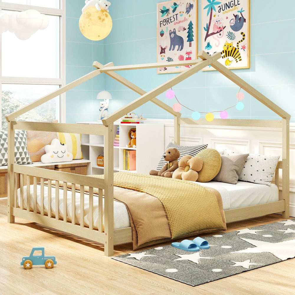 Barara King Full Size House Bedroom Bed Frame with Headboard, Montessori Floor Bed Platform Frame for Apartment, Bedroom, Natural