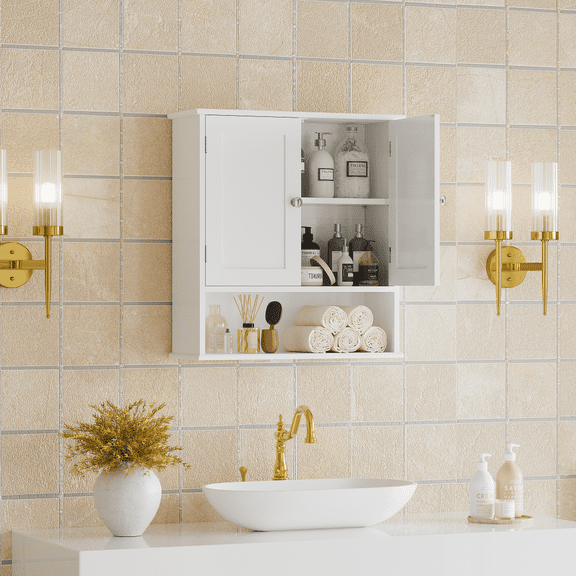 Bathroom Wall Cabinet with Door, Over Toilet Storage Cabinet with and Adjustable Shelves, 3-Tier Medicine Cabinet Wall Mounted, for Bathroom, Kitchen, Entryway, Laundry Room, White
