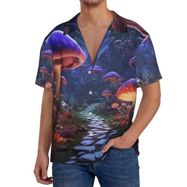 Fotbe Jungle Path Glowing Mushrooms Camisa Estampada de Manga Corta para Hombre, Casual de Verano, Estilo Playero, Sin Arrugas-Medium