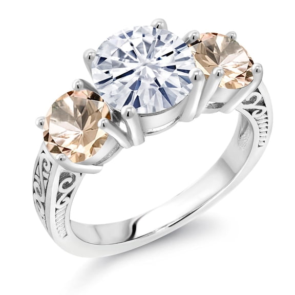 Gem Stone King 925 Sterling Silver White Moissanite and Peach Morganite Engagement Ring for Women | 3.10 Cttw | Round 8MM | Gemstone Birthstone | Size 9