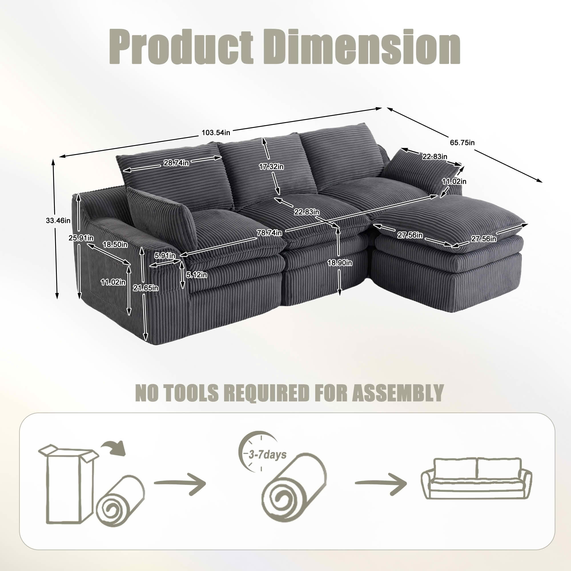 MAYEERTY Modular L Shape Corduroy Sectional Sofa, Compressed Boneless Cloud Couch with Footstool & Pillows for Small Living Space