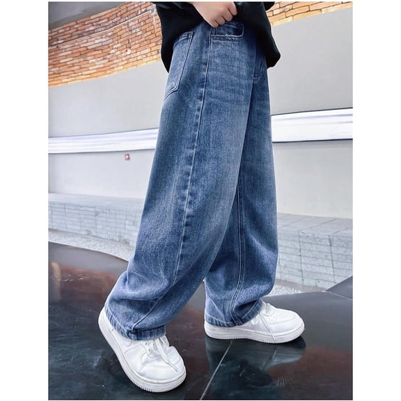 UACY Boys Jeans Baggy Casual Classic Straight Wide Leg Denim Pants Elastic High Waisted Preppy Trousers Girls Y2K Streetwear with Pockets (Light Blue, 11-12 Years)