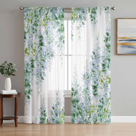 Sage Green Wisteria Sheer Curtains 63 Inch Length 2 Panels Set, Sprinng Summer Pastoral Botanical Voile Window Treatment Rod Pocket Curtains Sheers Drapes for Bedroom/Living Room/Kitchen 52x"63"x2