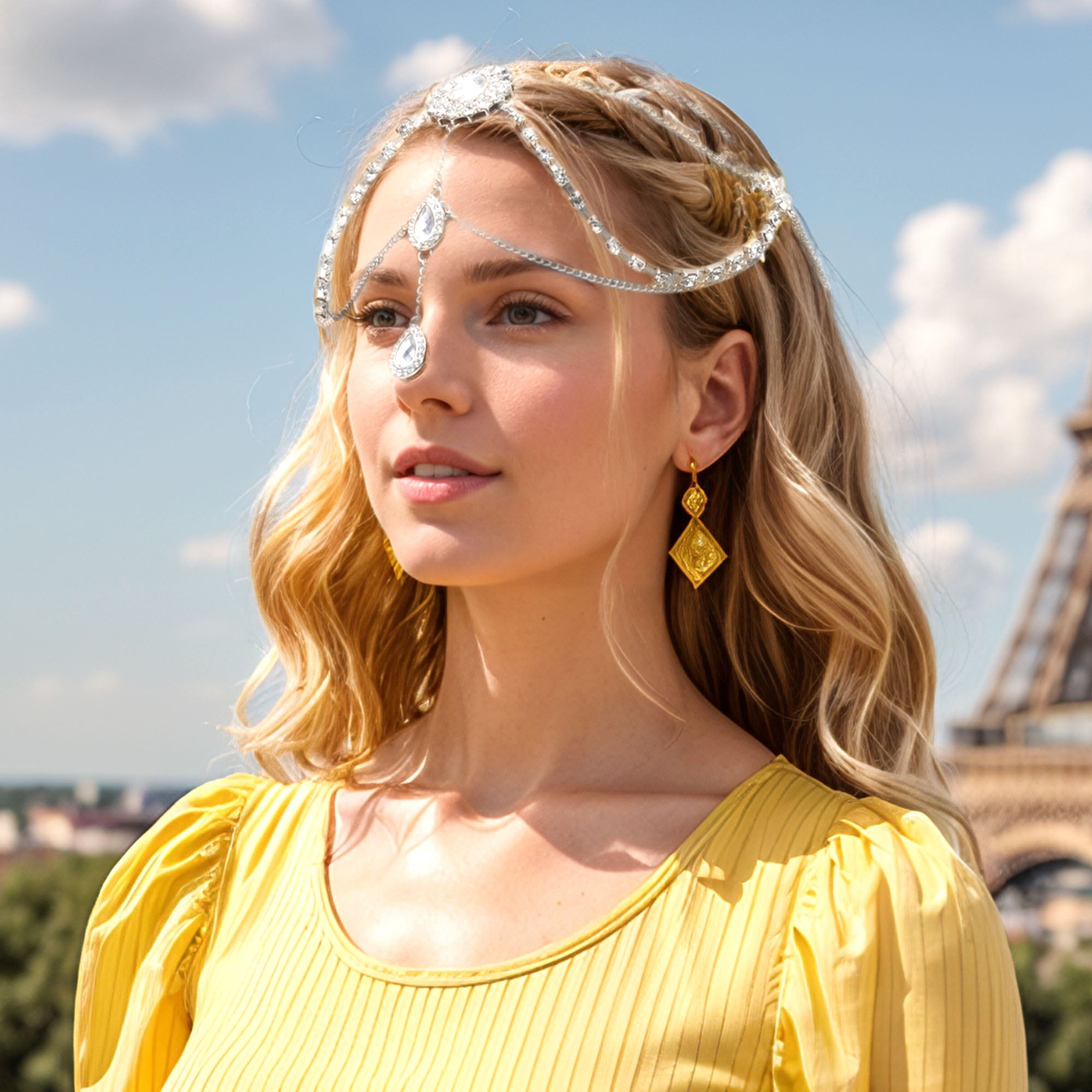 Unique Bargains Elegant Headpiece Faux Diamonds Tassels Hair Chain 1 Pc Silver Tone