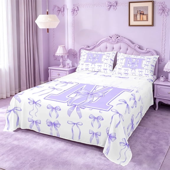 Manfei Coquette Purple Bowknot Full Size Sheets For Girls,Purple 3D Letter M Monogrammed Bed Sheets,4-Piece
