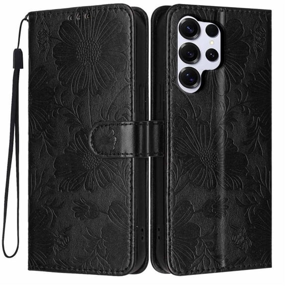For Samsung Galaxy S26 Ultra 5G 6.9" Flower Embossed Buckle Case, Card Slots/Pocket, PU Leather Flip Wallet Case With Short Wrist Strap,Black,For Galaxy S26 Ultra 5G