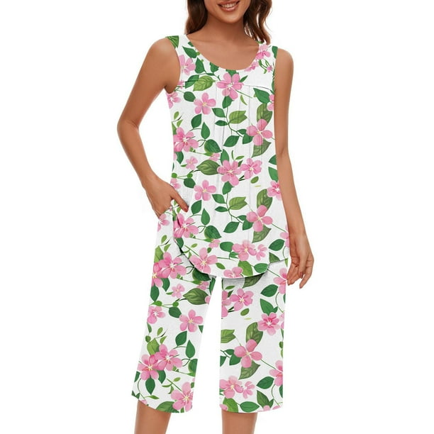 Conjunto de Ropa de Estar de Mujer Cuello Redondo Impresión Blusa sin Mangas Pantalones Cortos, Pantalones de Cintura Elástica para las Mujeres
