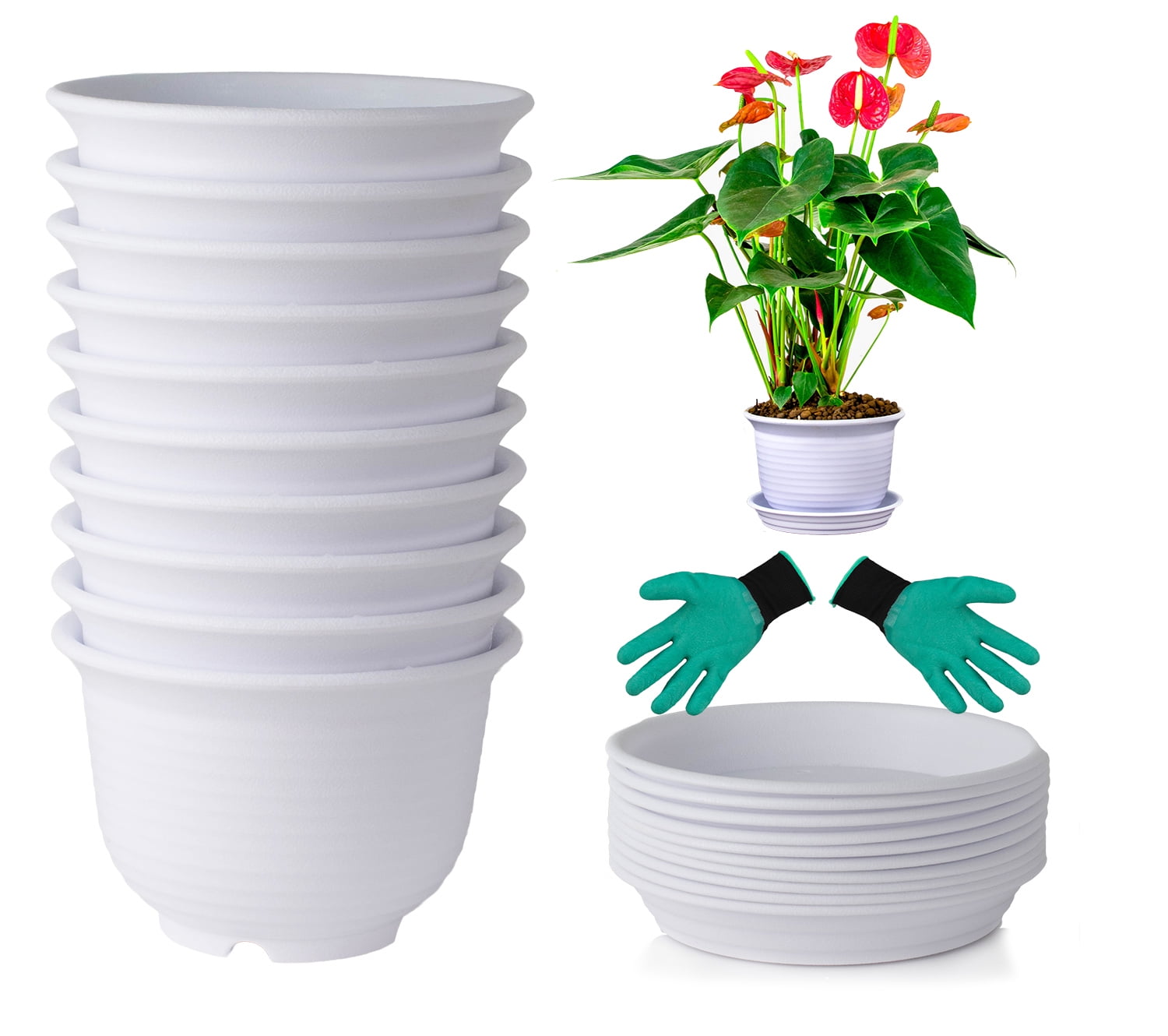 10 Pack 6 Inch Plastic Round Drainage Plant Pots Containers with Trays