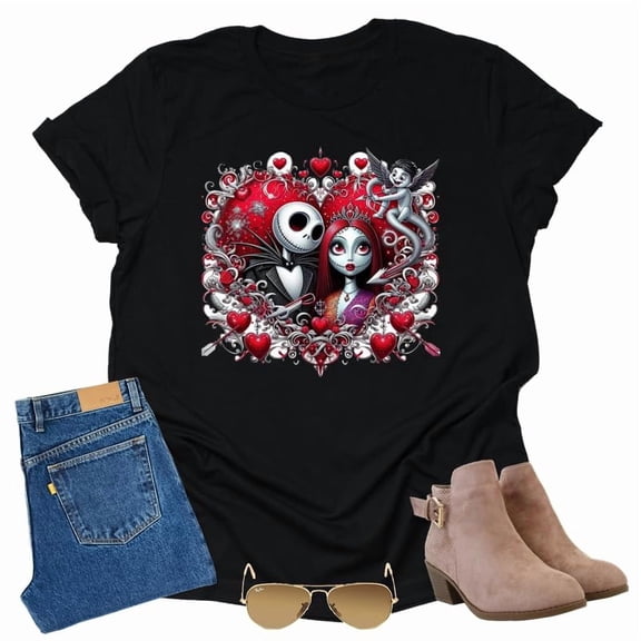 Jack Sally Dark Hearts, Valentine Shirt Unisex Short Sleeve Shirt (Black-Large)