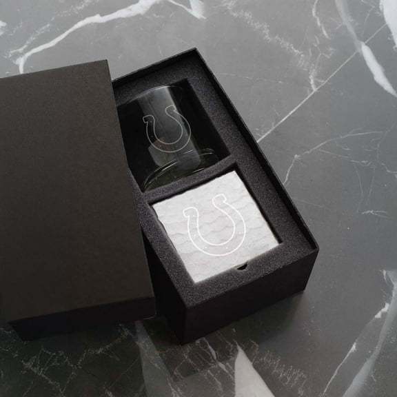 Wendell August Forge Indianapolis Colts Etched Rocks Glass & Square Coaster Set