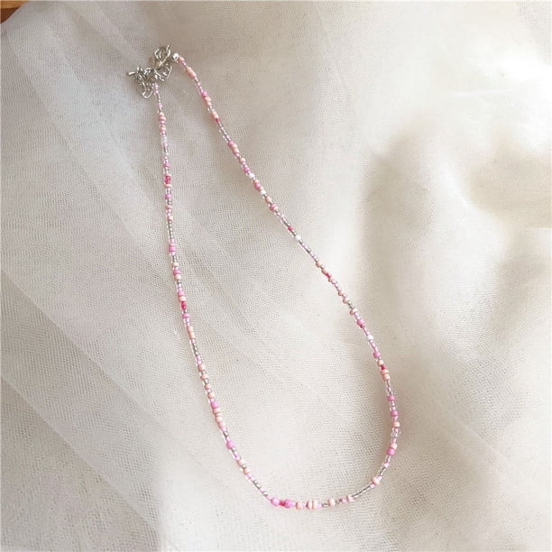 Nvzi Gargantilla de cuentas de semillas de arcoíris, collar de cuentas de vidrio de colores, collar de cuentas de arroz, collar hecho a mano, gargantilla de playa, cadena de joyería estilo N