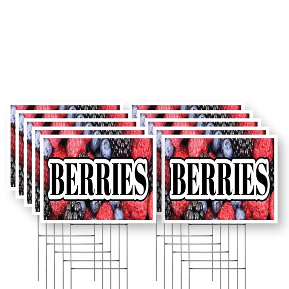 Berries Yard Sign 10 Pack of 12 Inch x 16 Inch Single Sided Weatherproof Heavy-Duty Plastic with Stake | Fresh Produce, Farmer’s Market, Seasonal Fruit | Made in USA