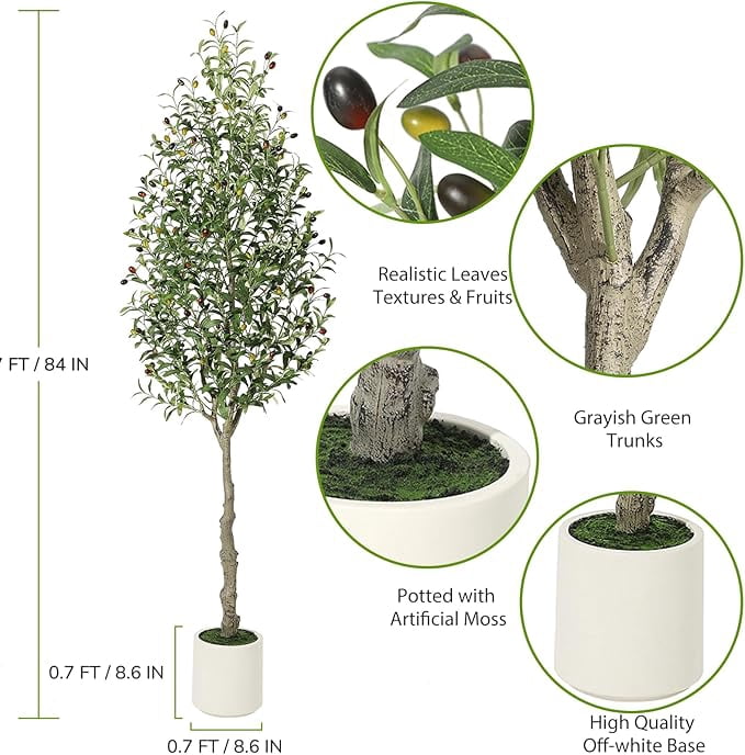 Artificial Olive Tree 7FT Tall Faux Olive Tree Indoor Fake Silk Plant with Realistic Trunk, Leaves, Fruits and White Planter, Faux Potted Tree for Home Decor and Housewarming Gift, 2 Pack