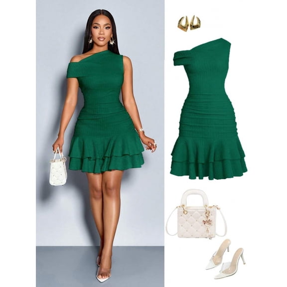 Dark Green Womens Asymmetrical One Shoulder Knit Ruched Double Ruffle Mini Dress