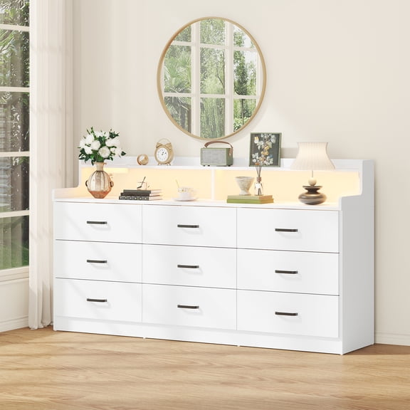 Winkalon 9 Drawer Dresser with LED Light & Charging Station, 63" Long Modern Dresser with 9 Drawers for Bedroom, Wooden Dresser Large Closet of Drawers