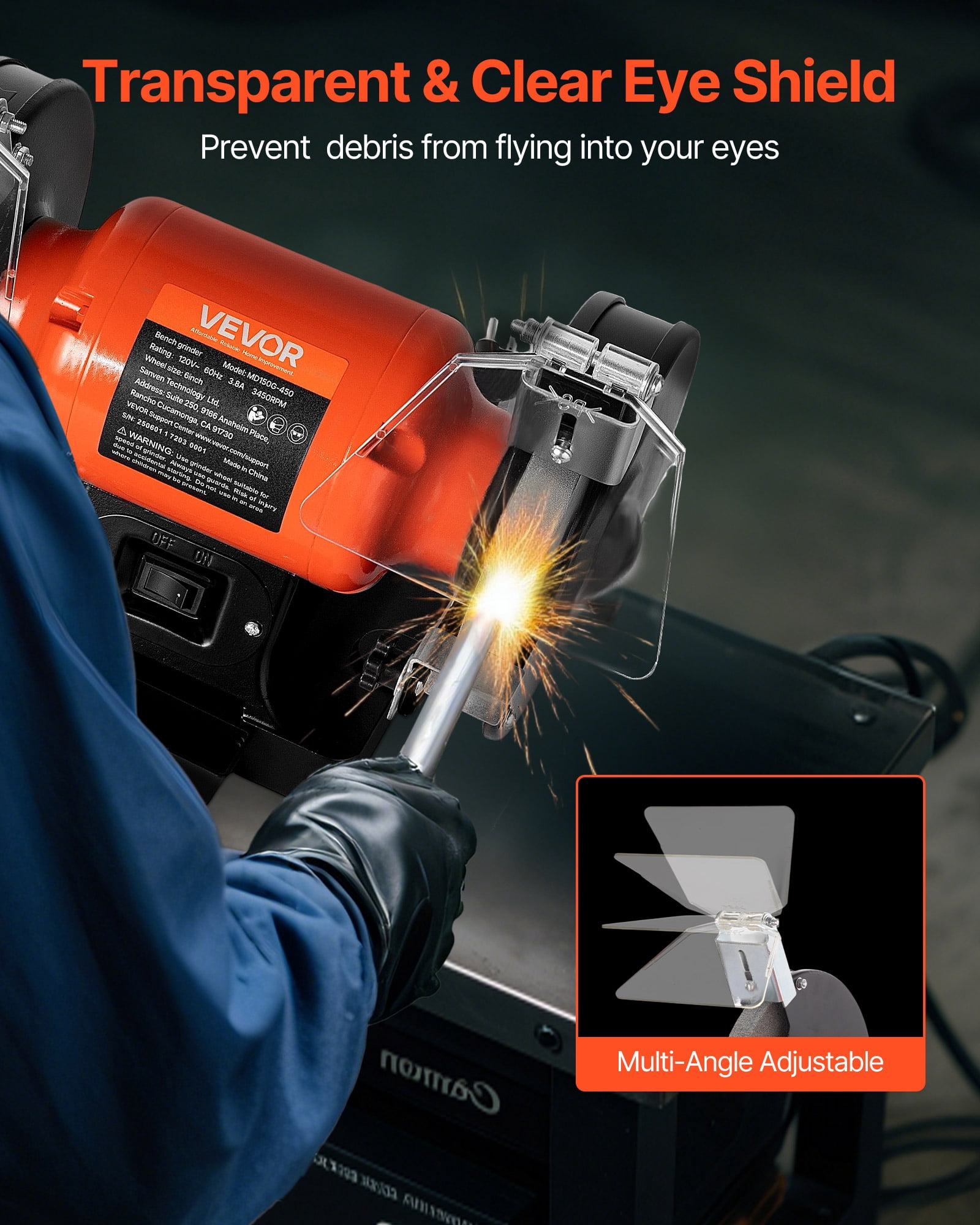VEVOR Bench Grinder,6-inch Single Speed Bench Grinder,3450RPM High-Speed Table Grinders with 450W 3.8A Induction Motor, 36/60-Grit Grinding Wheel & Adjustable Eye Shield for Fast Sharpening Grinding