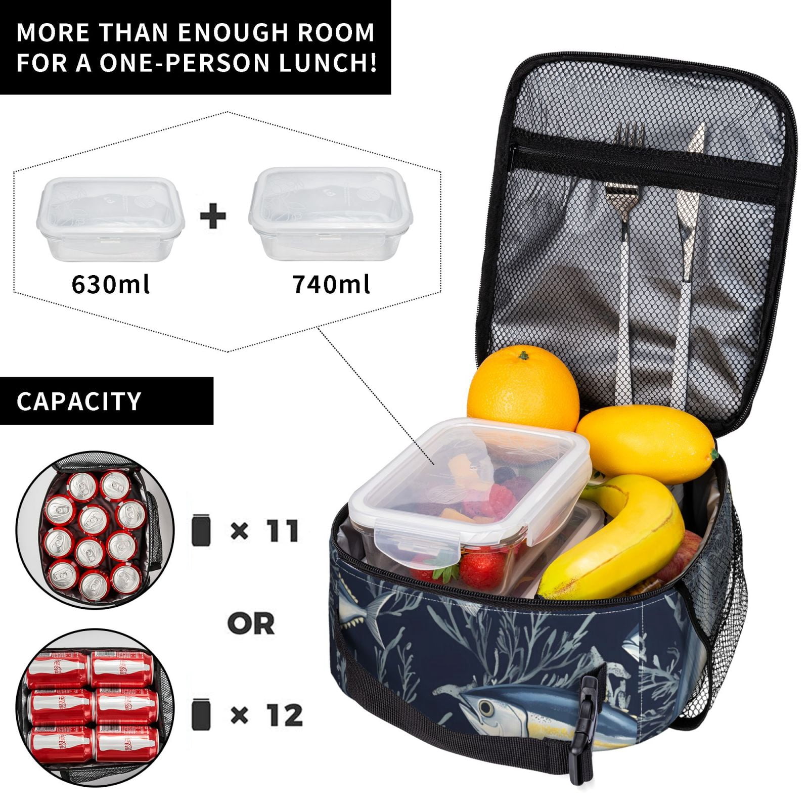 Lunch Bag For Women Men Insulated Portable Lunch Box Bento Box Office Picnic Travel Cooler Bag Fish (33)