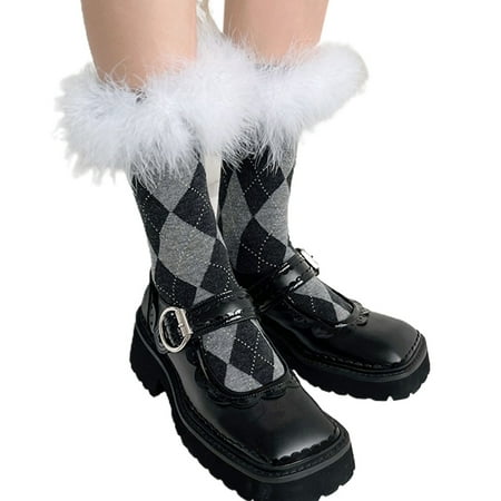 

Women Sweet Furry Feather Trim Calf Socks Argyle Diamond Plaid Pattern Stockings