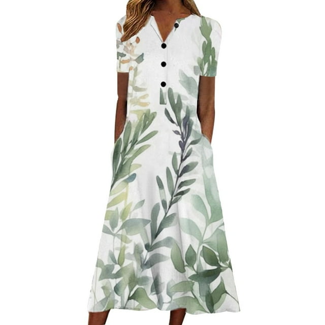 DEBGFS Robes d'Été pour Femmes Boutonnées avec Poches Grande Taille Bohème Décontractée Longue Robe Maxi Imprimé Floral Manches Courtes Col en V Longueur sous le Genou Évasée Ligne A Maison Ample Robes Soleil,9#Rose Vif,TTG
