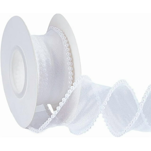10 yardas de cinta perlada de 1-5/8 pulgadas con cuentas de perlas blancas, cinta de organza de poliéster, encaje de cola de pez, transparente, rollos