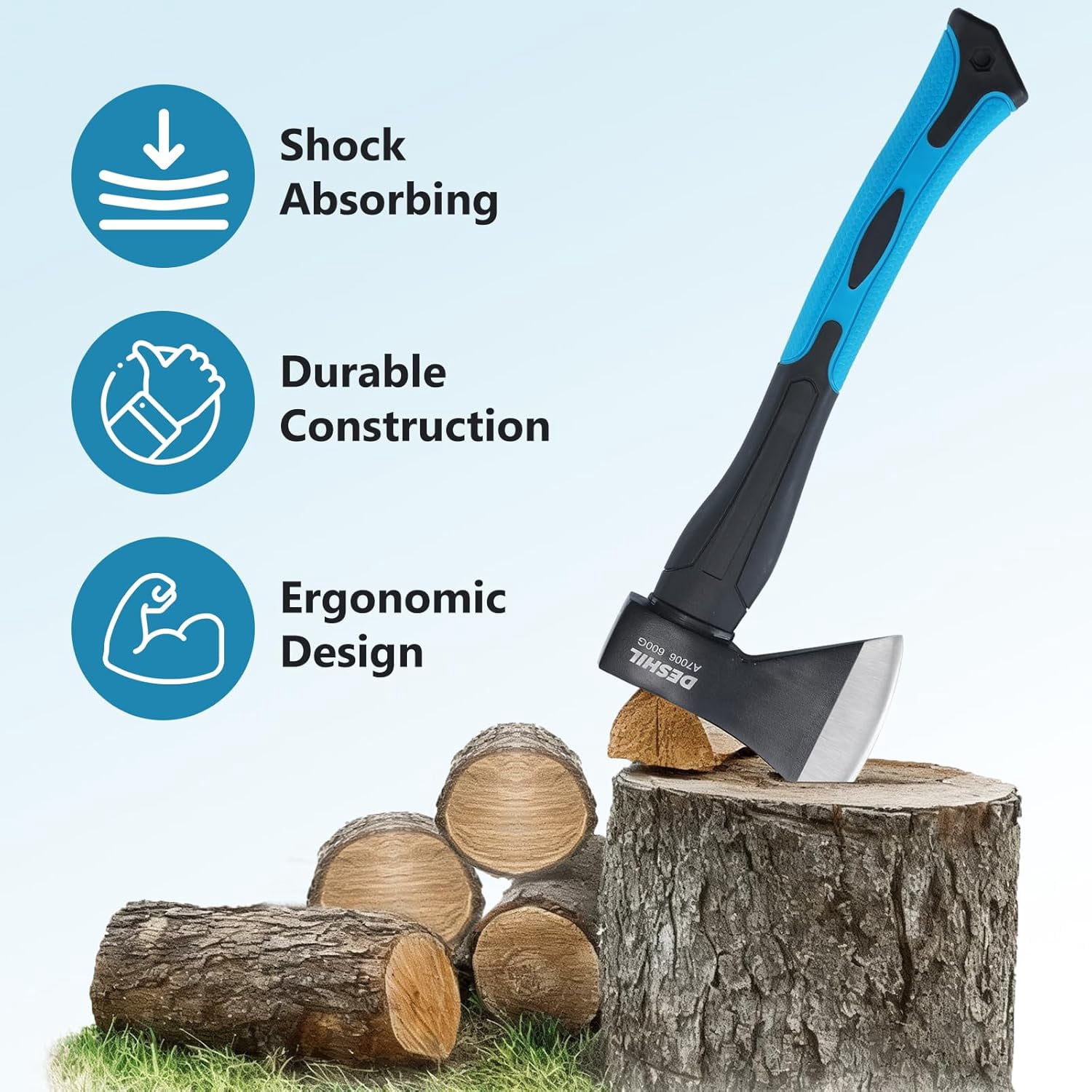 Chopping Axe, 15”Outdoor Hatchet Forged Carbon Steel Heat Ted Hand Maul Tool, Fiberglass Shock Reduction Handle with Anti-Slip Grip, Blue