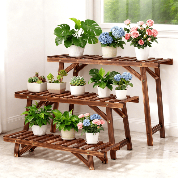 Wisfor 27.5" x 9.8" x 12.8" 3-Tier Brown Wood Plant Stand (3 Count)