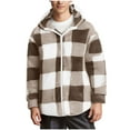 thumbnail image 2 of ZRGHAOYLQ Mens Plaid Print Button Front Fleece Jacket Fuzzy Long Sleeve Shirts Jackets Full Zip Up Outwear Big and Tall Oversized Coats with Hood, 2 of 6