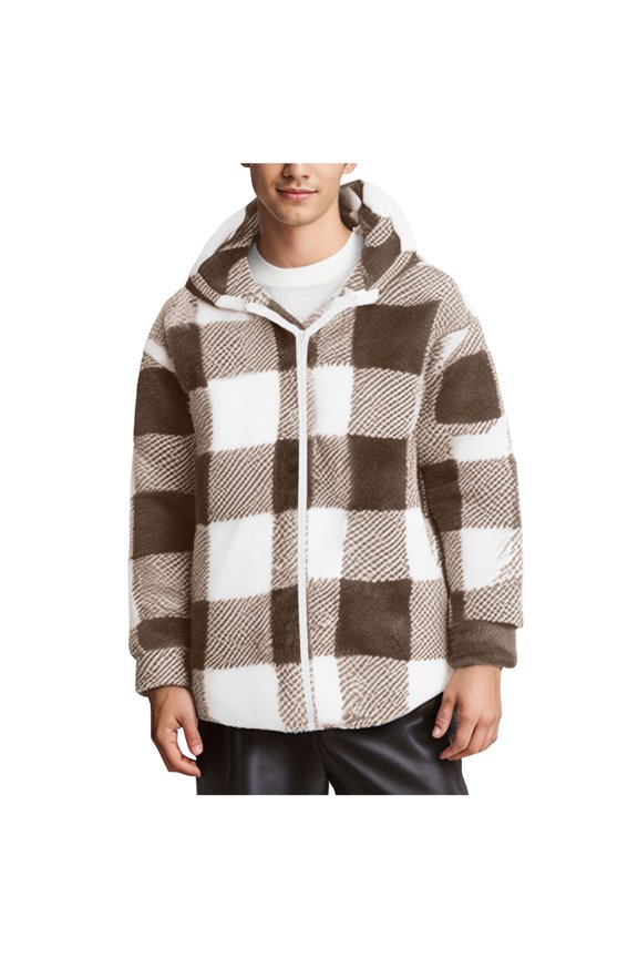 Men's Plaid Fleece Jacket Coats Flannel Zipper Sherpa Shacket Outwear Fall Winter Hoodies Teddy Coat With Pockets
