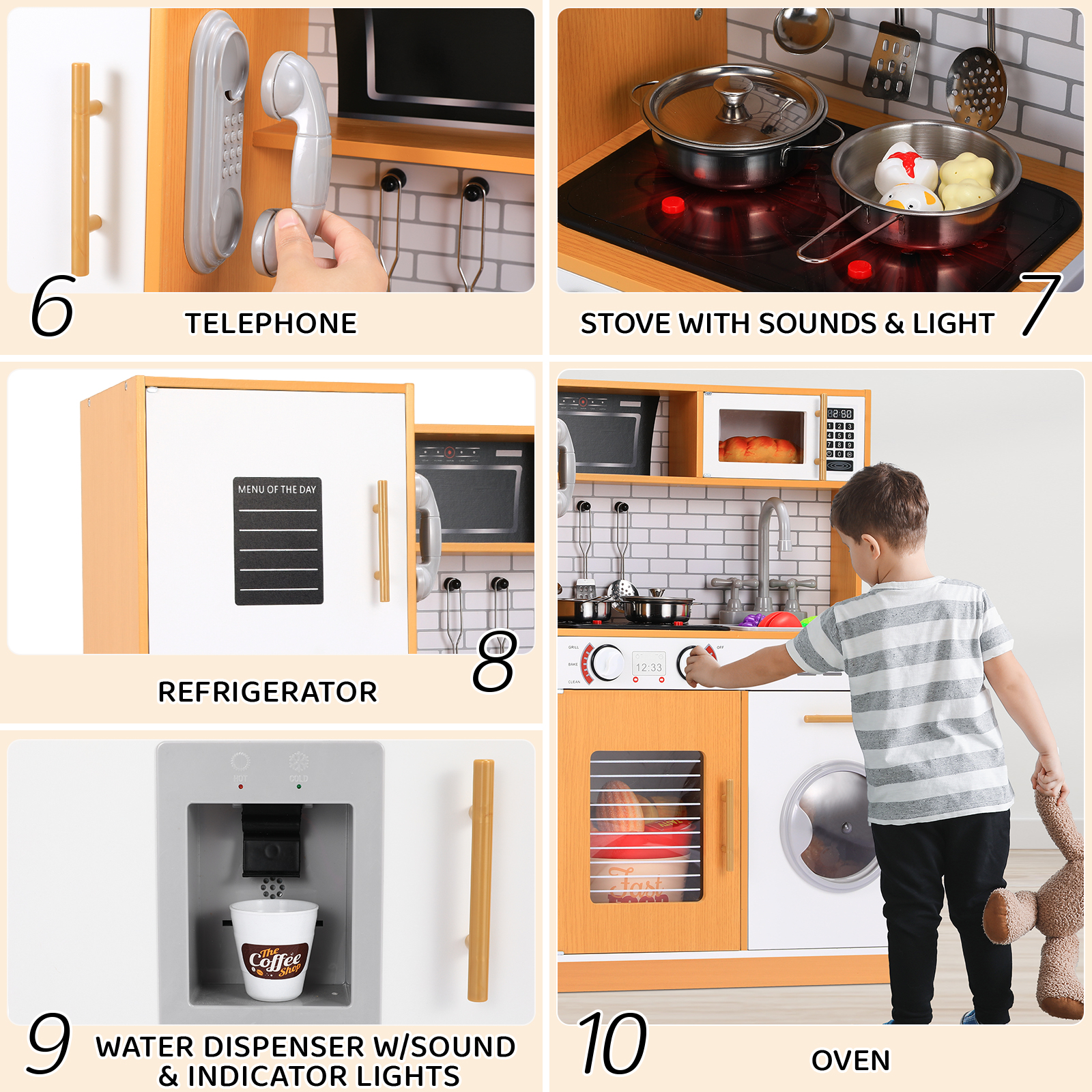 Arlopu Wooden Kids Play Kitchen - Orange with Sound & Light photo 4