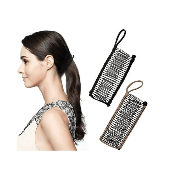 Topboutique 40 Teeth Banana Hair Clips for Women, 2 PCS Large Size Banana Clips Stretch Hairpins Long Heavy Hair Ponytail Holder Vintage Clincher Combs for Girls Ladies(Black,Khaki)