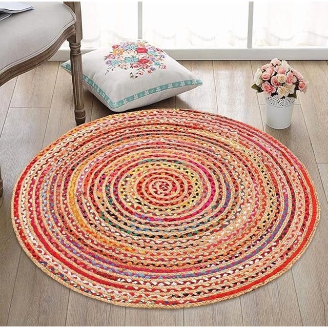 6 Ft Round Multi Cotton & Jute Area Rug, Hand-Woven, Reversible, Farmhouse Boho Style, Durable & Pet-Friendly Rug for Living Room, Dining Room, and Bedroom