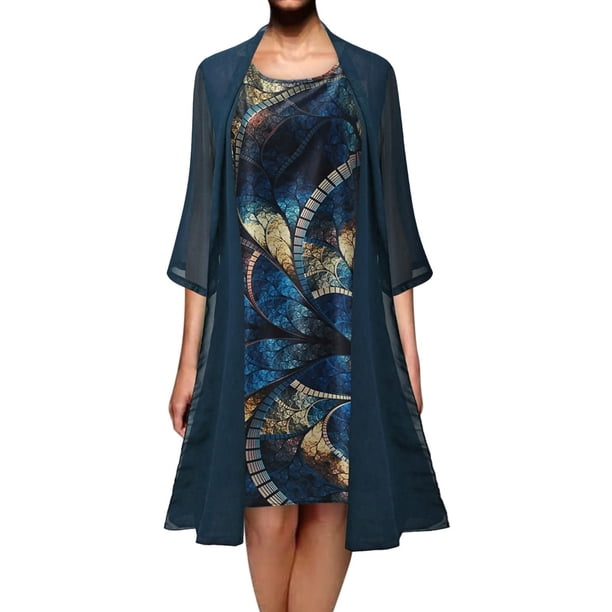 Vestido largo hasta la rodilla para mujer, vestido sin mangas con estampado Floral de talla grande y chal de gasa de media manga, cárdigan, traje de dos piezas Fridja nalpqowj27591