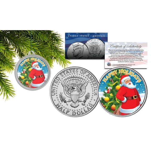 HAPPY HOLIDAYS Santa JFK Kennedy Half Dollar U.S. Coin Christmas Tree Ornament