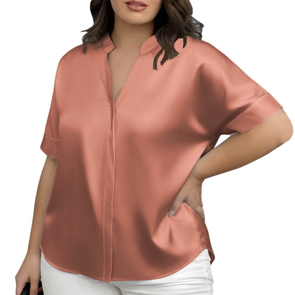 Ahabrexf Womens Plus Size Short Sleeve Tops for Women Solid Color Round Neck Casual Top Polyester Regular Fit 1 Pc