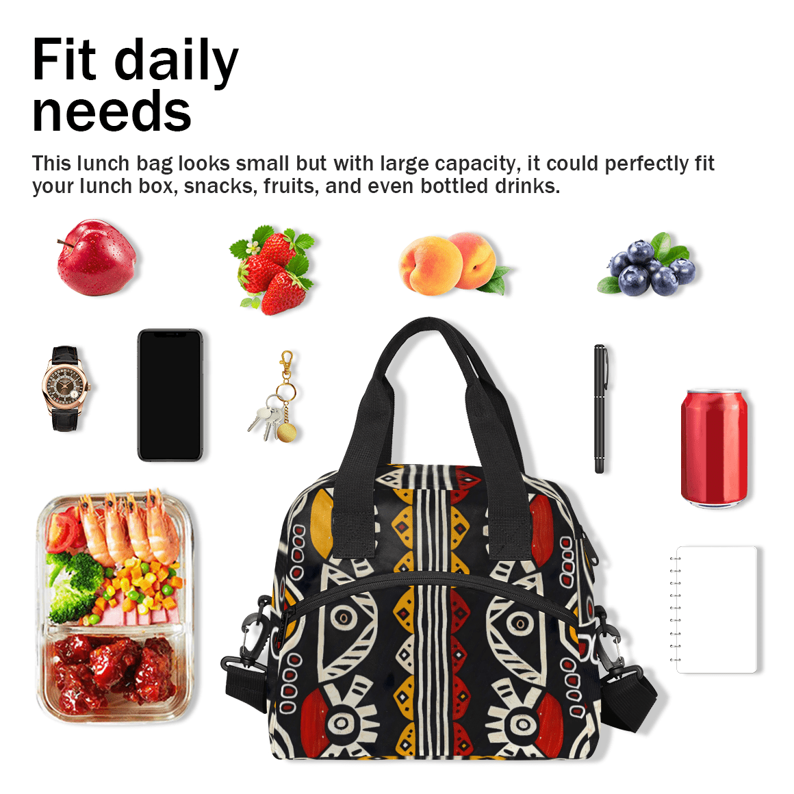 Herdesigns Bohemian Geometric Stripes Insulated Lunch Bag for Women Men Adults Large Reusable Lunch Box Leakproof Portable Cooler Tote Bags with Adjustable Shoulder Strap