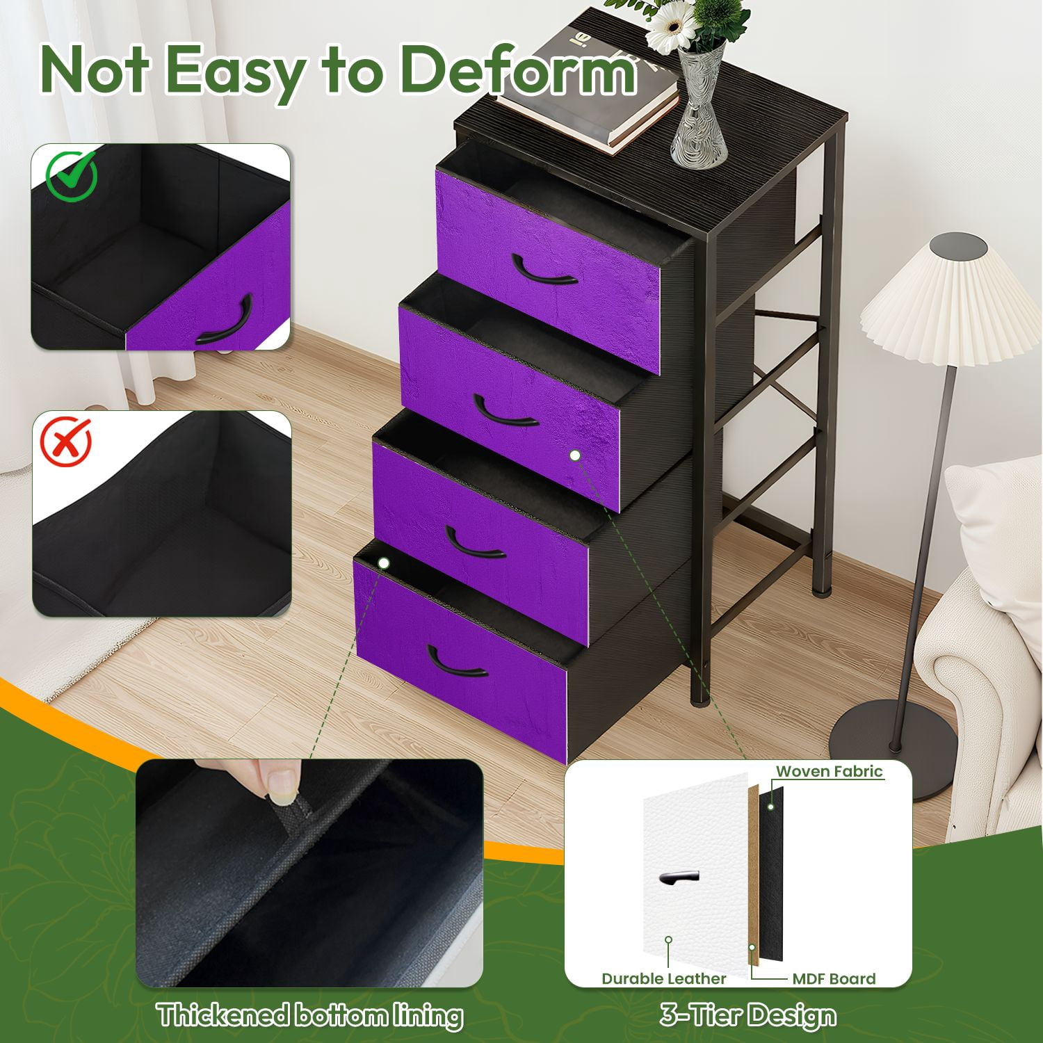 Kanworse 4 Drawer Fabric Dresser for Bedroom Abstract textured light purple Chests of Drawers for Closet Organizers Storage