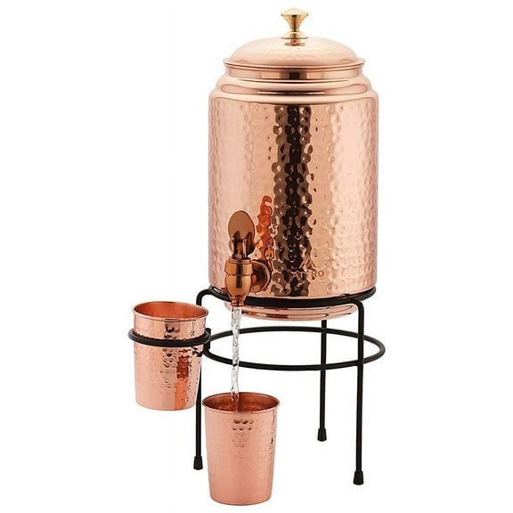 Vessel Tank Pot Matka 5 Liter Hammered Copper Water Dispenser Container Pot with Stand & 2 Glass ,Pure Copper Storage Pot (5 L) Pack of 3 PCs