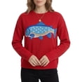 thumbnail image 2 of Women's Fish Graphic Crew Neck Loose Long Sleeve Pullover Knit Sweater Red S, 2 of 9