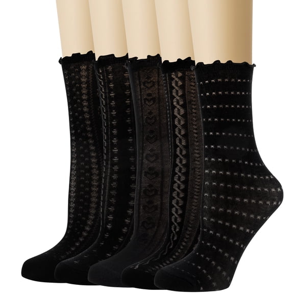 Bocaoying 5 Pairs Women's Mesh Sheer Socks, Thin Mesh Breathable Ankle Socks with Ruffle Lace, Non-Binding CuffLettuce Crew Socks for Daily Casual Wear, 5 Black Patterns, 5-10