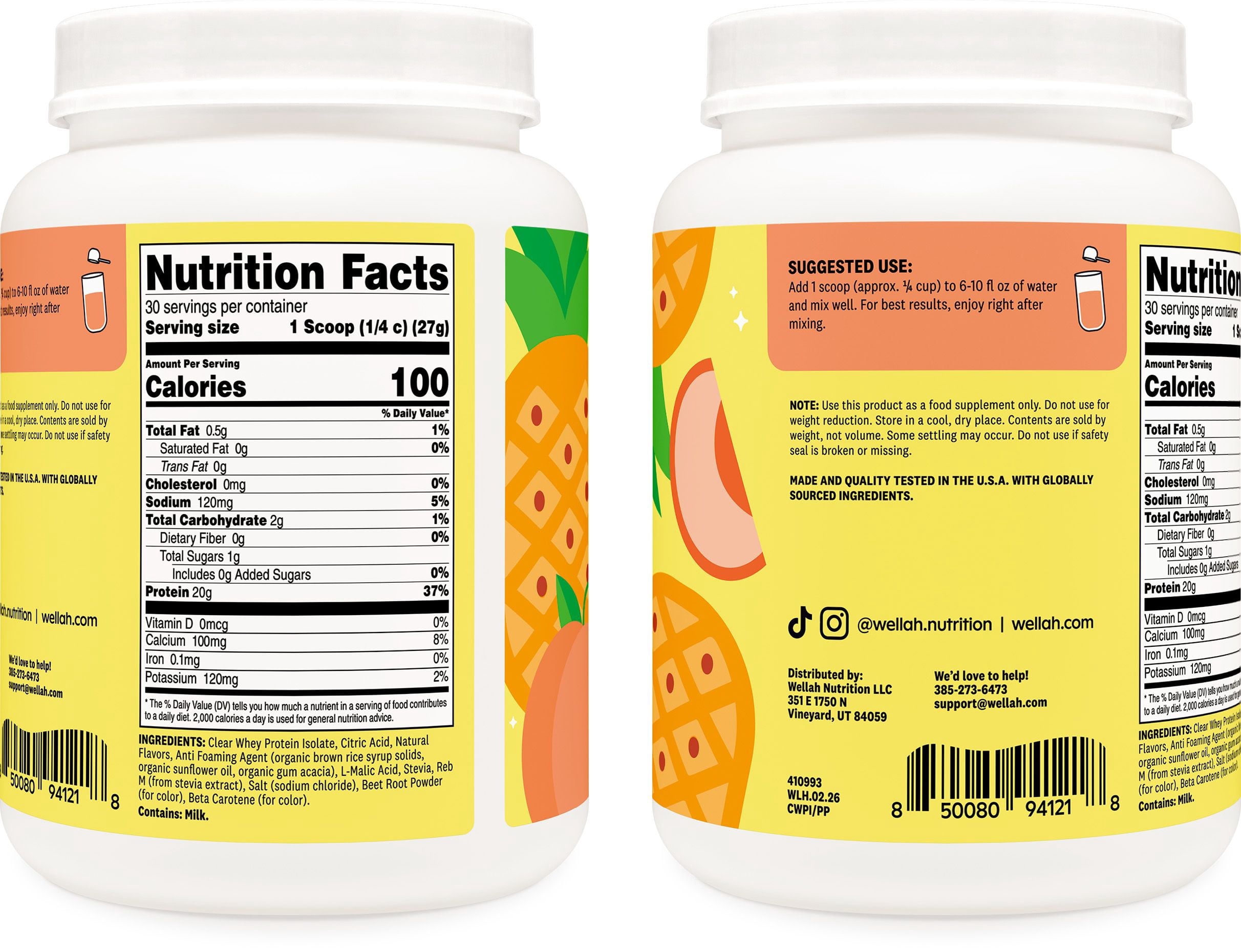 Wellah Clear Whey Protein Isolate Powder (Peach Pineapple) 30 Servings - 20g of Protein, 100 Calories, Sweetened with Stevia
