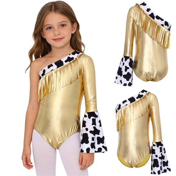 iiniim Girls Cowgirl Metallic Patchwork Leotard Bodysuit with Arm Sleeves for Themed Party Gold 6