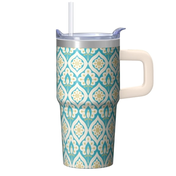 20oz Geometric Design Tumbler with Handle, Double Wall Insulated Stainless Steel Travel Coffee Mug Leak-Proof Straw Lid
